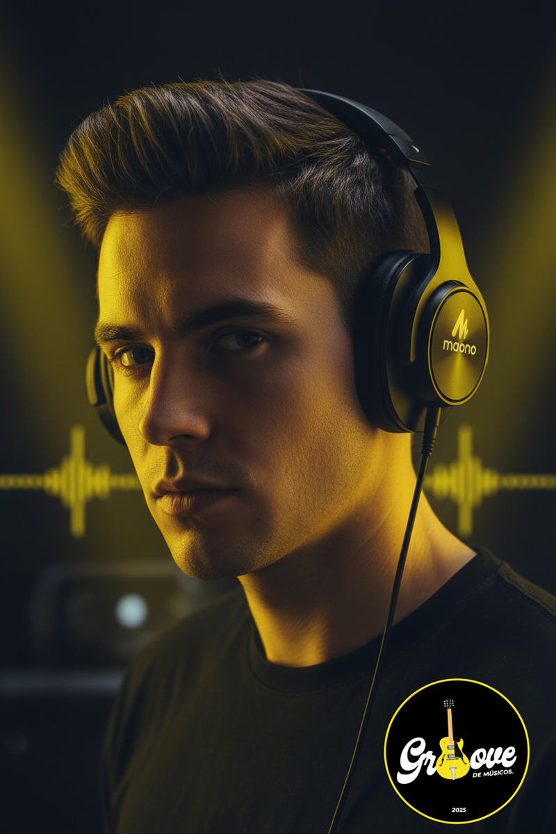 Modelo con audífonos y logo Groove de Músicos